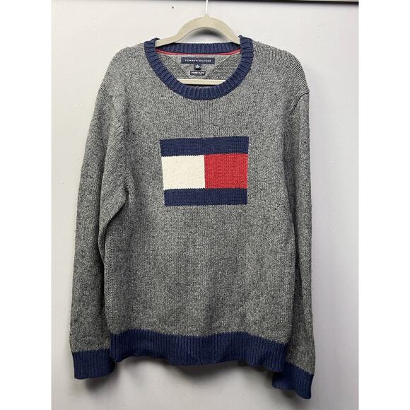 Tommy Hilfiger Sweater‎ Mens XL Gray Flag Logo Crew Cotton Wool Luxury Blend - Picture 1 of 8
